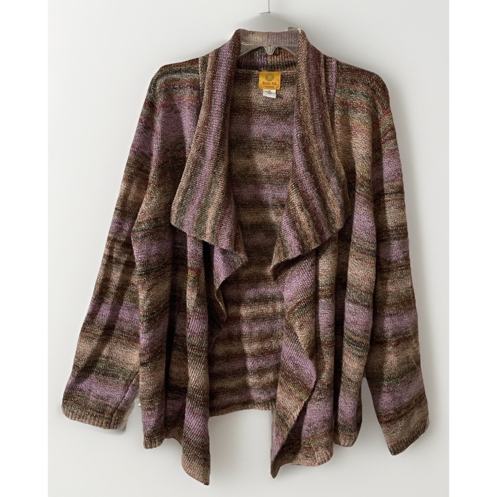 Ruby Rd. Open Front Cardigan Sweater Striped Purpl/Brwn Knit Stretch Womens 2X